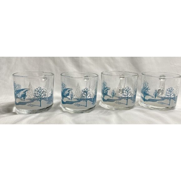 Anchor Hocking Clear Glass Coffee Tea Cups Mugs Winter Blue Scene Trees - Picture 2 of 7